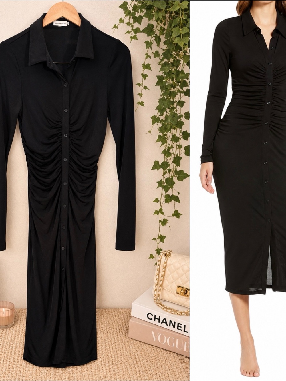 Good American Black Ruched Button-Front Long Sleeve Sparkle Midi Dress